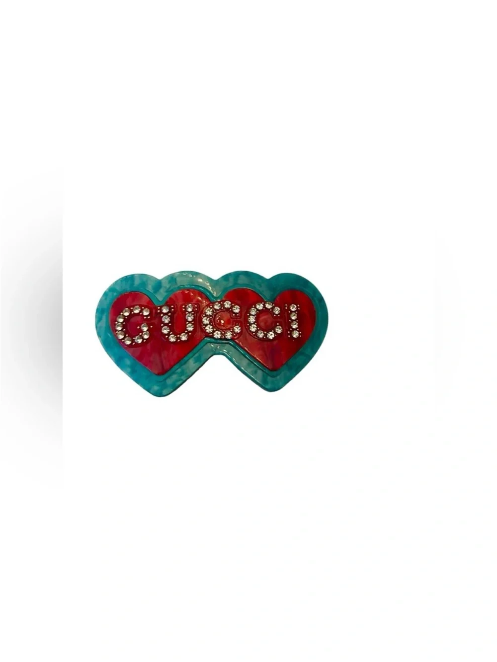 Gucci Red and Teal Double Heart Crystal Logo Hair Clip